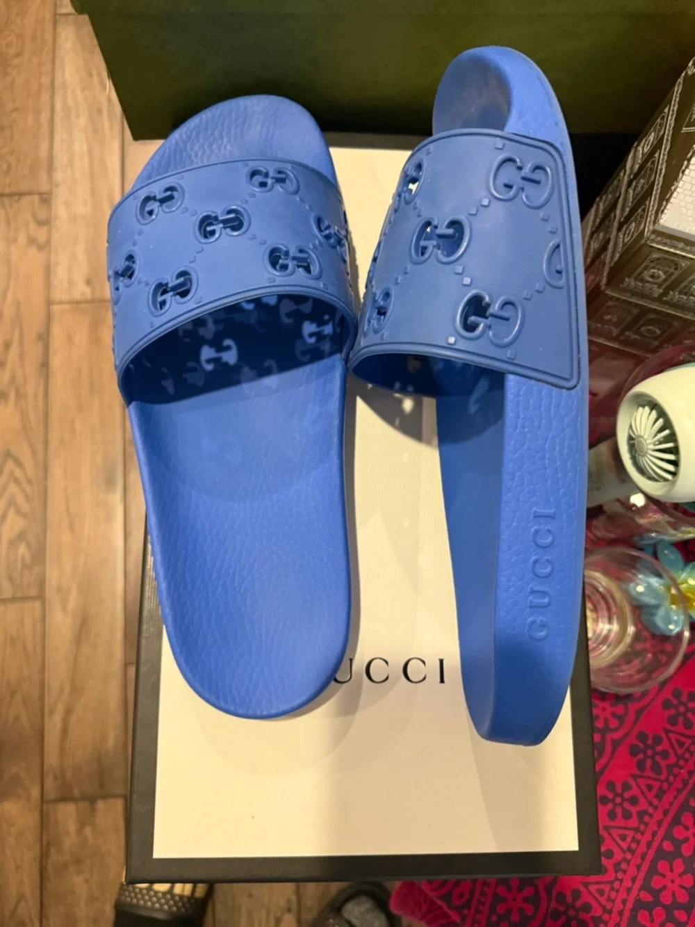 Gucci Bright Blue GG Embossed Rubber Slides - Picture 2 of 5